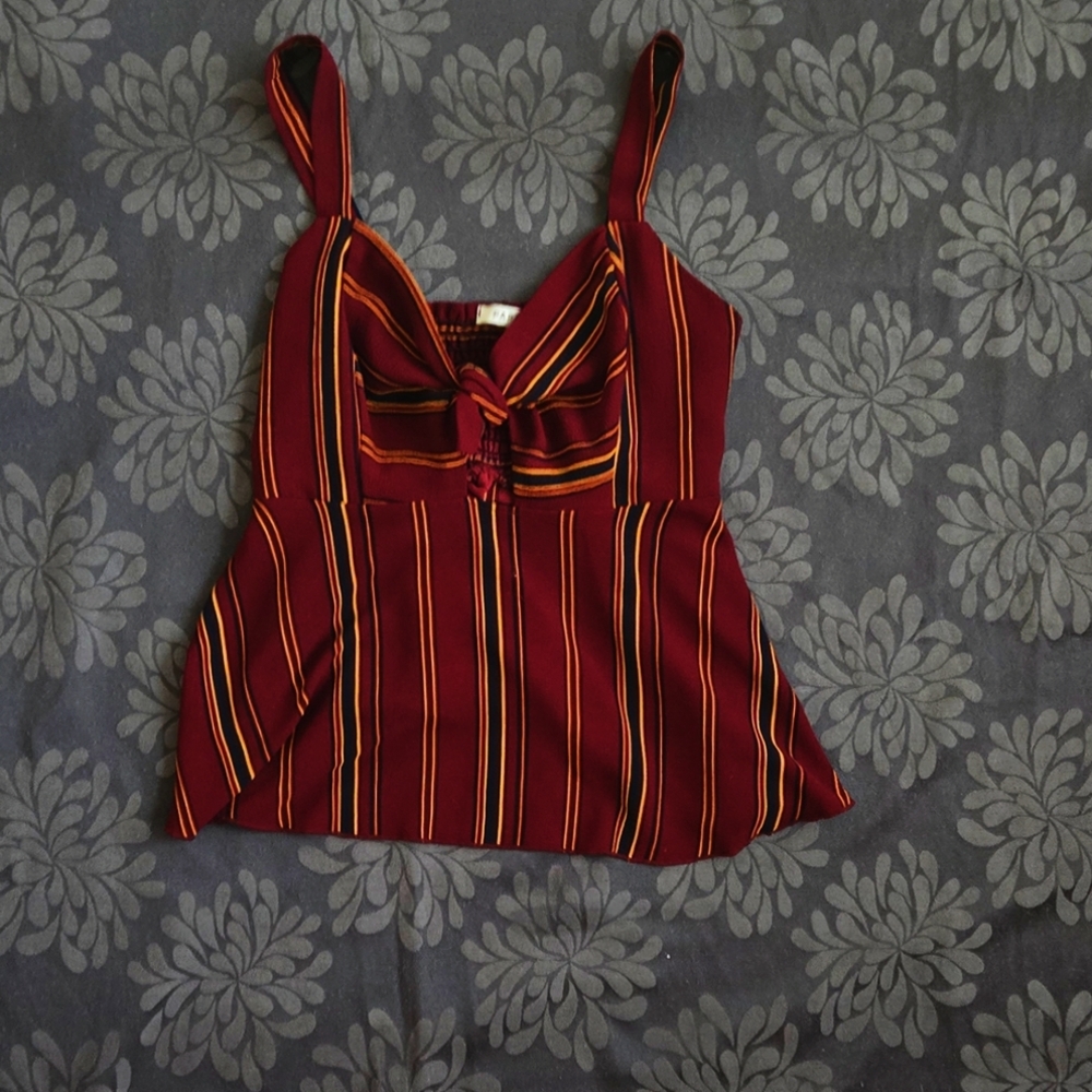 Papaya Striped Burgundy Tieup Fit And Flare Peplum Top